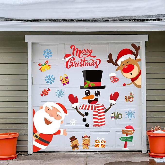 YQUQWN Large 80PCS Christmas Door Decorations Removable Wall Decals with Snowman Santa Reindeer Merry Christmas Wall Stickers for Front Door Decor Decorations Holiday Party Supplies