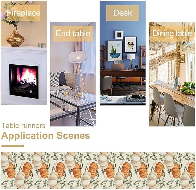 Fall Pumpkin Table Runner White Orange Vegetables Seeds Parsley Watercolor Hand-Painted Illustration Home Decor for Farmhouse Indoor Outdoor Party Holiday Dining Kitchen Restaurant Cafe W13xL90in
