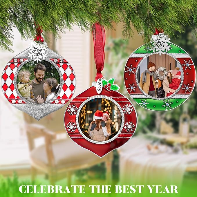 2025 Christmas Tree Ornaments 3 Piece Picture Frame Hanging Ornament Decorative Holiday Keepsake Gift Snowflake Pendant with 2” Photo Frame Insert for Picture of Pet (Red Green Gift Set)