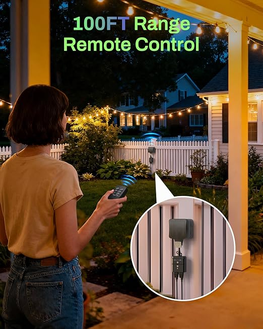 BN-LINK Outdoor Light Timer, Waterproof Plug-in Dusk-to-Dawn Controller with 2 Grounded Outlets for Christmas & Halloween String Lights, 15A 1/2HP, ETL Listed, 100 ft RF Range, Remote Included