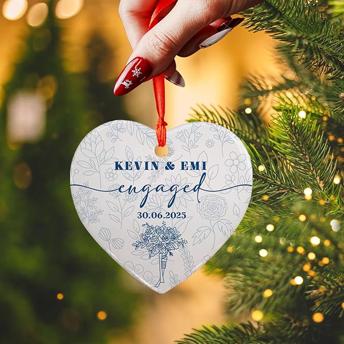 Personalized First Christmas Married Ornament 2025 – Ceramic Heart Wedding Ornament – Christmas, Anniversary, Engagement, Newlywed Gift for Couple – Custom Photo Keepsake Decoration