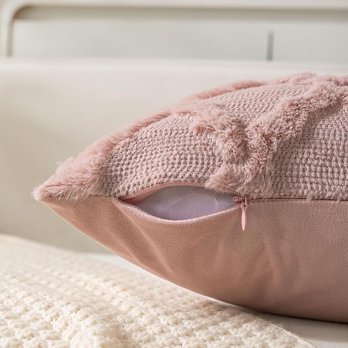 Set of 2 Soft Moroccan Throw Pillow Covers 24x24 Inch Plush Boho Decorative Pillow Cover Accent Cushion Case for Couch Sofa Bed, Pink