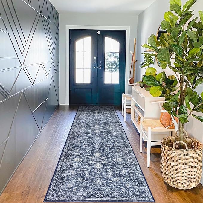 KILOCOCO Hallway Runner 3x10 Rug Runner Printed Vintage Floral Washable Kitchen Runners Non-Slip Rubber Backed Runners for Hallways Laundry Room Distressed Boho Rugs for Entryway Bedroom, Blue