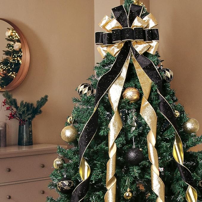 Christmas Tree Topper Wreath Bow Christmas Decorations, 52 * 13 inches Tree Toppers Bow with Gold Ribbon for Xmas Tree Christmas Rustic Farmhouse Home Holiday Party Decorations Black & Gold