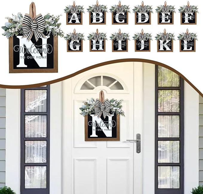 Ultra Large 14'' Last Name All Year Round Front Door Wreath with 26 Initial Letter Welcome Sign All Seasons Eucalyptus Garland and Bow Wreaths for Front Door Porch Farmhouse Decoration (N)