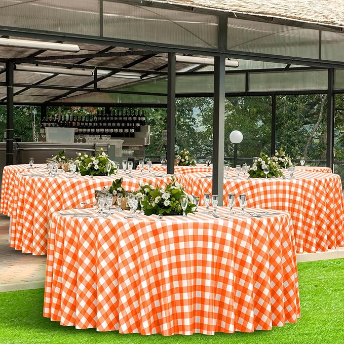 3 Pcs Orange and White Gingham Tablecloth Decorations, Disposable Round Orange Checkered Tablecloth Buffalo Plaid Table Cover for Thanksgiving Day Wedding Birthday Party Supplies,84 x 84 Inch