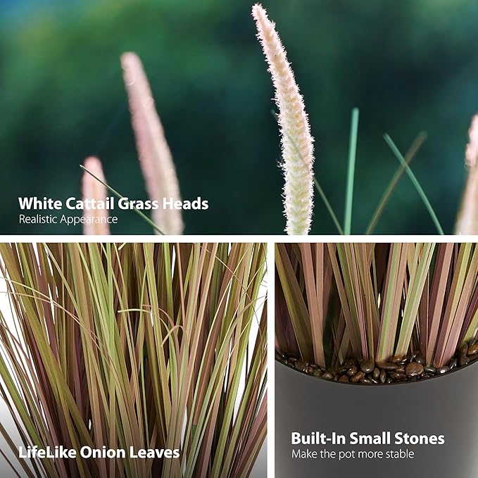 KOL 3ft 2-Pack Artificial Cattail Reed Grass, 35in Artificial Indoor Outdoor Fake Onion Grass, Home Office Wedding Decorative Artificial Plants in Pot Faux Floor Plant Greenery, Pink