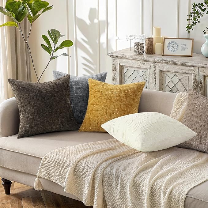 decorUhome Dark Grey Chenille Throw Pillow Covers 18x18 Set of 2 Thick Textured Slubby Couch Pillow Covers Farmhouse Accent Modern Neutral Decorative Pillow Cases for Bed Sofa Living Room