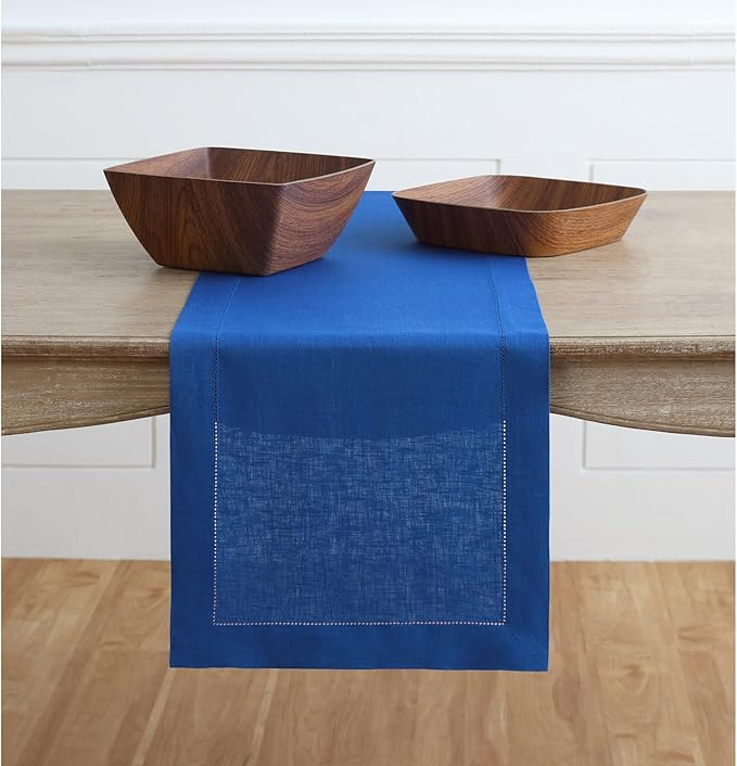 Solino Home Linen Royal Blue Table Runner 60 Inches - Classic Hemstitch, 100% Pure Linen Coffee Table Runner 14 x 60 Inch Ideal for Dresser Tables, Spring