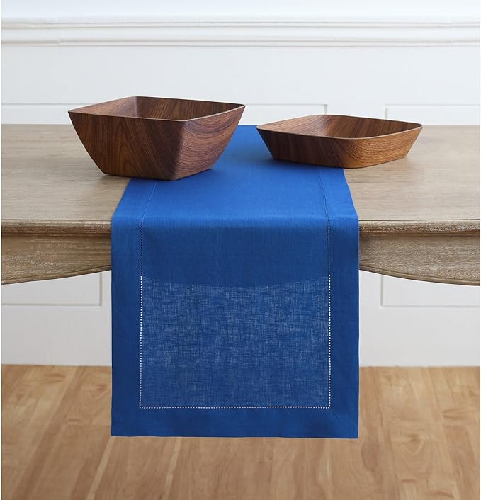 Solino Home Linen Royal Blue Table Runner 90 Inches Long - 100% Pure Linen 14 x 90 Inch Table Runner for Spring - Classic Hemstitch