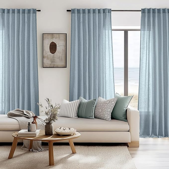 ANRODUO Blue Linen Curtain 96 inch Length for Living Room Back Tab Semi Sheer Linen Drapes Stone Blue Modern Boho Country Rustic Window Treatment for Dinning Room Bedroom 96 inches Long 2 Panels Set