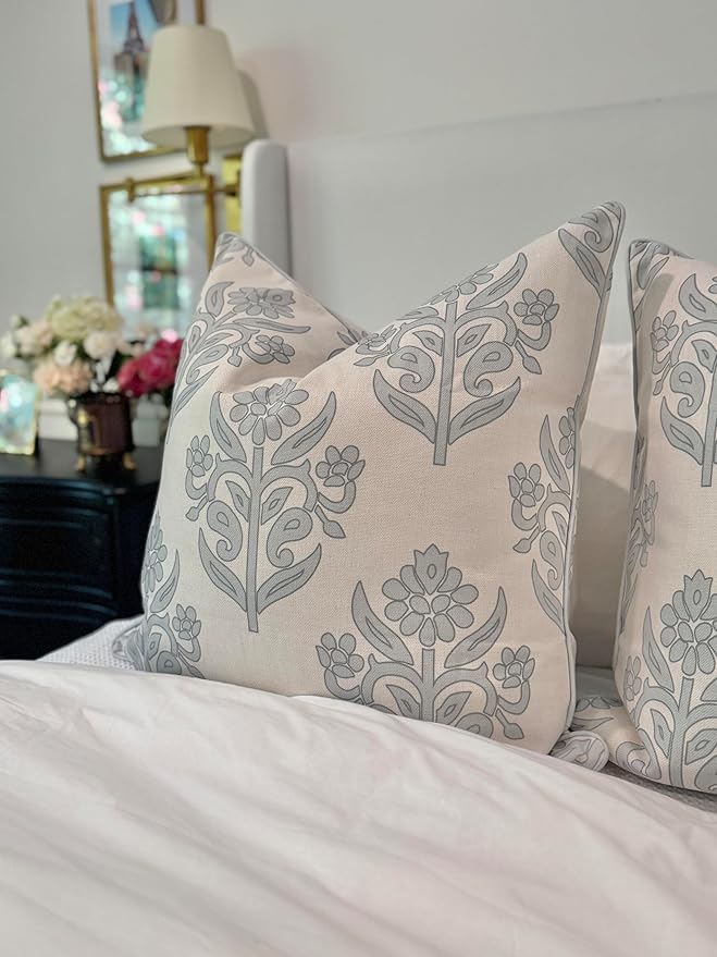 “The Naples” Floral Block Print Pillow Cover – Soft Grey and Off-White Decorative Throw Pillow Cover – Grandmillennial Home Decor, 24" x 24"