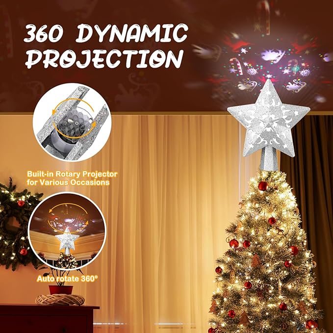 Christmas Tree Topper, Christmas Star Tree Topper Built-in LED Rotating Lights, Plug in 3D Sliver Glittered Star Tree Topper for Xmas Party Holiday Decorations