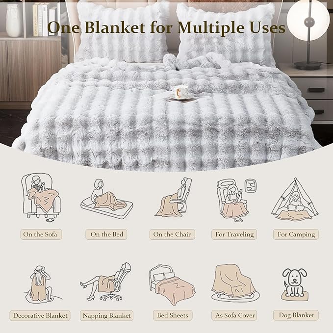 Soft Fluffy Blanket - Fuzzy Throw Blanket for Couch, Plush Rabbit Faux Fur Blanket, Cute Cozy Blankets for Women, Thick Warm Bubble Blankets for Bed Sofa Bedroom Living Room - 51" x 63"