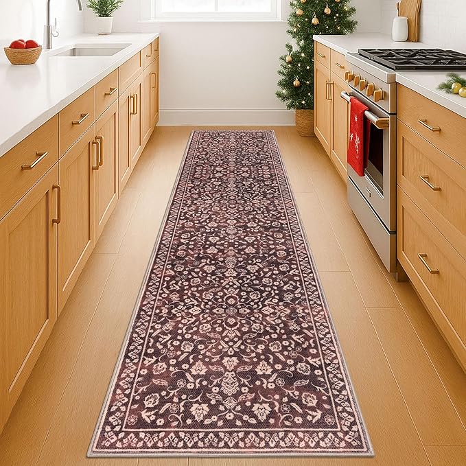 Vintage Washable 2x8 Runner Rug Non Slip, Burgundy Hallway Runner Rug, Super Soft Kitchen Runner Rug, Printed Faux Wool Thin Carpet Runner for Entryway Indoor Laundry Room Bedroom
