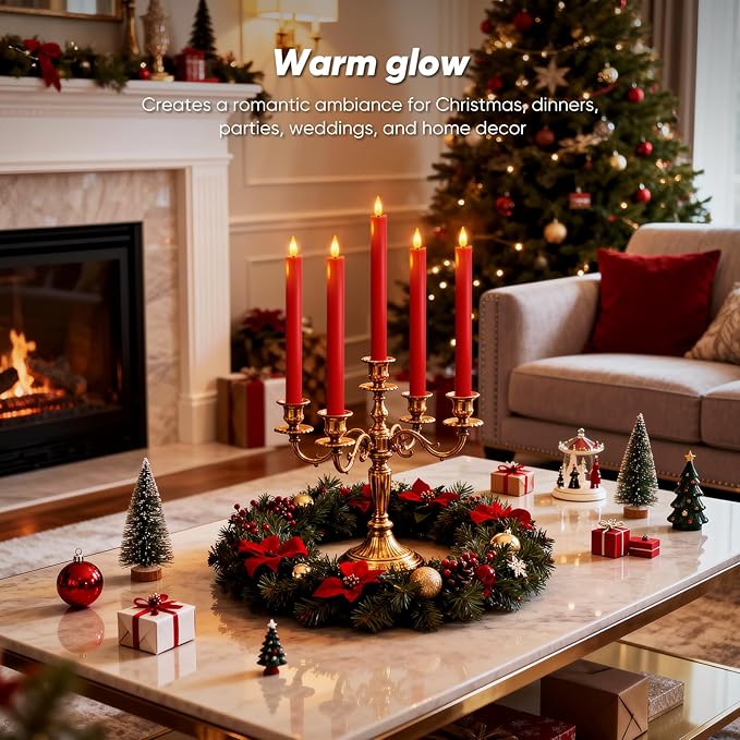 Homemory 6 Pcs Real Wax LED Red Flameless Taper Candles with Remote Timer, 9.6 Inches Fake Candlesticks, Dripless Battery Operated Window Candle with 3D Flickering Flame for Fireplace Xmas Decor