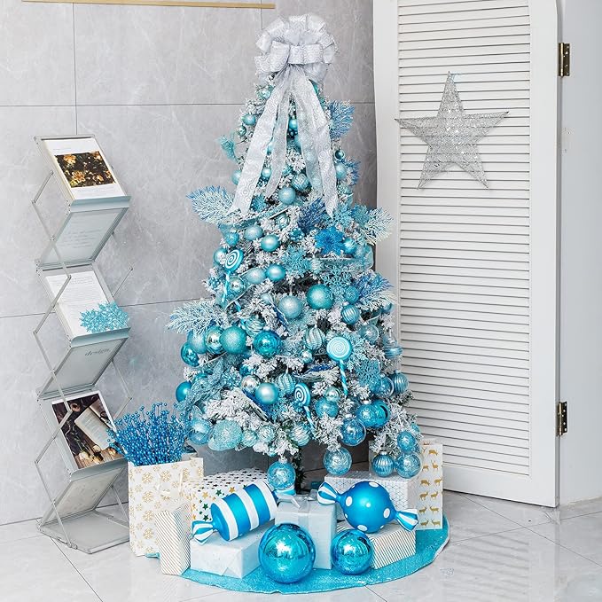 XmasExp Large Christmas Ball Ornaments,4pcs Light Blue Giant Shatterproof Plastic Hanging Mercury Xmas Ball Decorations Christmas Tree Ornaments (Lake Blue, 4")