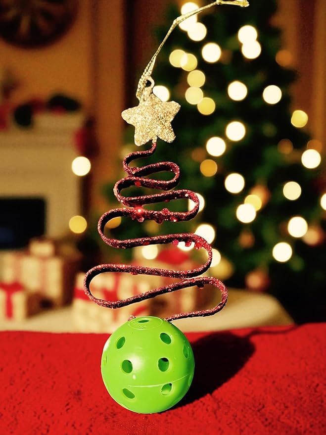 (2) Red Glitter Christmas Tree Ornaments - Metal 6" - Includes a Hanging Green Pickleball - PICKLEBALL MARKETPLACE