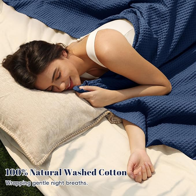 PHF 100% Cotton Waffle Weave Blanket King Size for Bed,Snag Proof Lightweight Breathable Throw for Couch,Great for Layering in Cold Weather,Machine Washable,Home Decor Gift-Navy Blue/Bright Blue