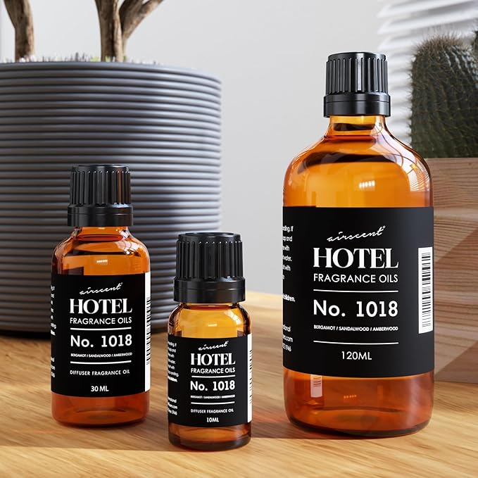 AirScent Hotel Diffuser Oil No. 1018 - Bergamot, Sandalwood Amberwood - Hotel Scent Dupe - Premium Fragrance Oil for Ultrasonic and Waterless Diffusers and Crafting - 30 ml, 1 fl oz Glass Bottle