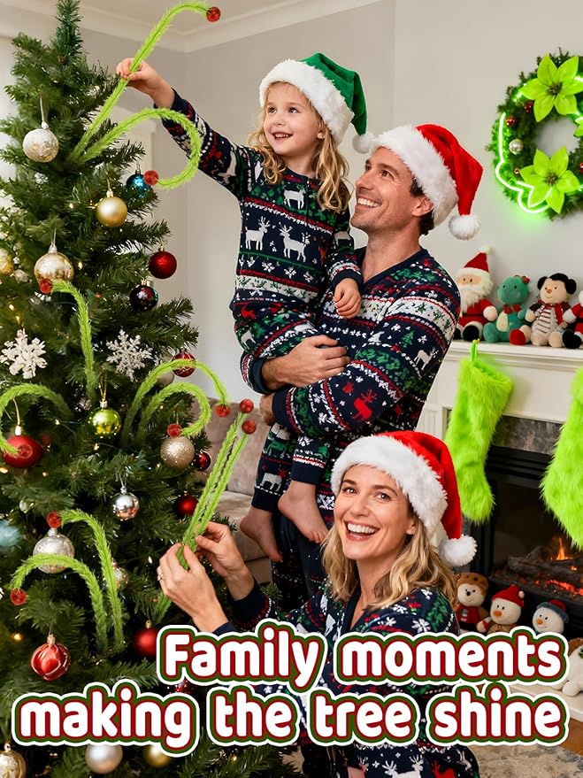 27" Elf Christmas Tree Topper - 6Pcs Lime Green Fluffy Curly Christmas Tree Picks Decorations Filler Ornaments with Glitter Red Balls, for Home Wreath Vase Holiday Party