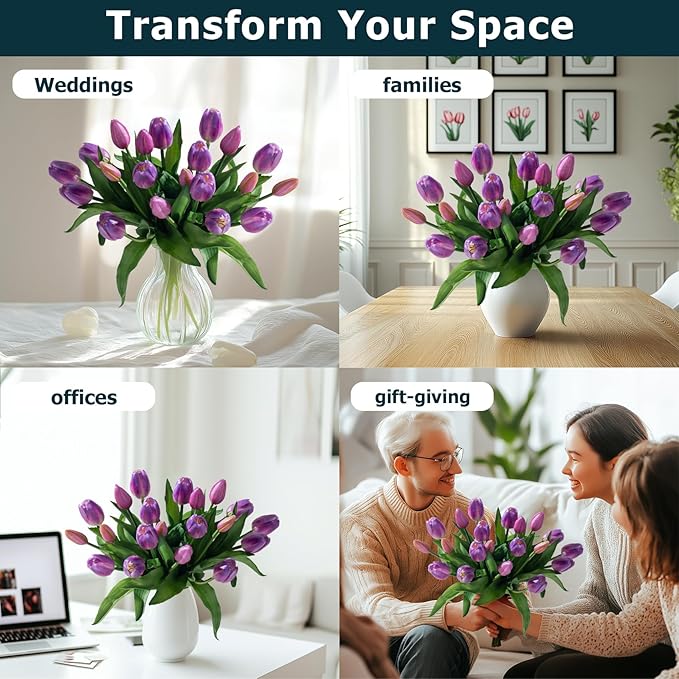 20PCS Fake Tulips Artificial Tulip Silk Flowers Fake PU Bouquet Artificial Flowers Faux Flowers with Gift Box Soft Faux Tulips Bouquets Arrangements for Party Wedding Home