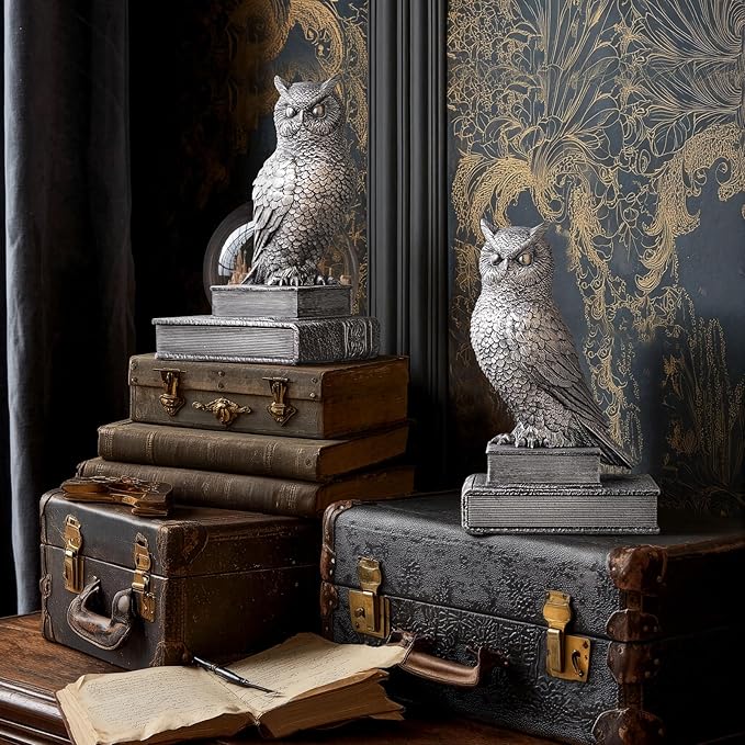 Owl Bookends, Book Ends for Shelves, Vintage Resin Decorative Bookends with Anti-Slip Base for Books Lovers Home Office Decor Book Holder (Silver)