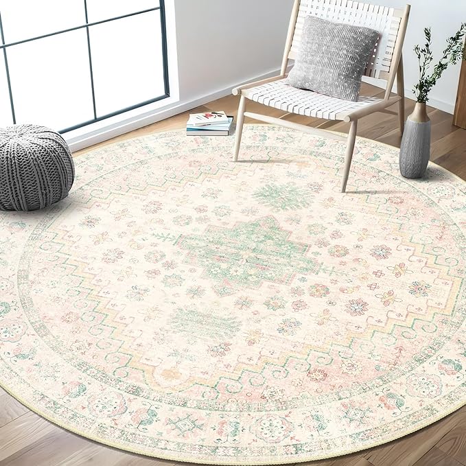 MUJOO Round Rugs 6ft,Circle Area Rug Washable,Circular Rugs for Living Room Dining Room,Large Boho Non Slip Throw Carpet Light Pink and Green