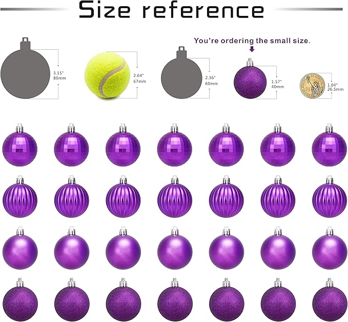 Small Size 28ct shatterproof Christmas Ball Ornaments in 4 Classic finishes for Christmas Tree Decoration (Purple, 1.57“ Mini Size)