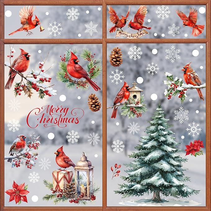 Christmas Winter Birds Window Clings 9 Sheets, Xmas Red Cardinal Pine Tree Static Window Stickers Decals Decorations for 2026 New Year Christmas Holiday Party Home Glass Windows Door Decor