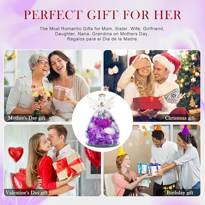FIACO Gifts for Women Birthday Gifts for Mom Preserved Rose Forever Flower in Glass Angel Figurines Fresh Flowers for Delivery Prime Real Purple Roses for Grandma Sister Wife Her from Daughter
