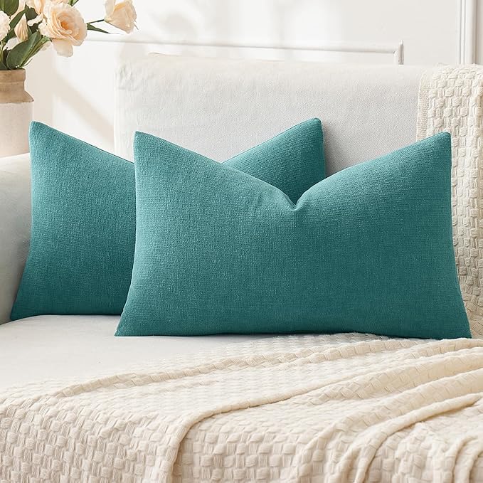 MIULEE Teal Couch Pillow Covers 12x20 Inch, Set of 2 Soft Chenille Decorative Lumbar Throw Pillow Covers Farmhouse for Sofa Living Room Bed