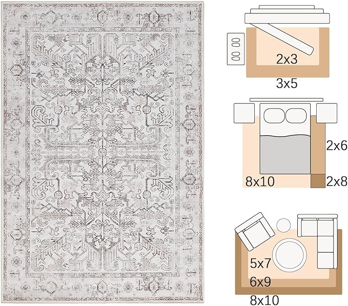 jinchan Lima Kitchen Runner Rug 3x7 - Vintage Floral Machine Washable Non-Slip Hallway Runner Rug with Rubber Backing Ultra-Thin Carpet for Bedroom Laundry Room Farmhouse (3x7ft, Taupe)
