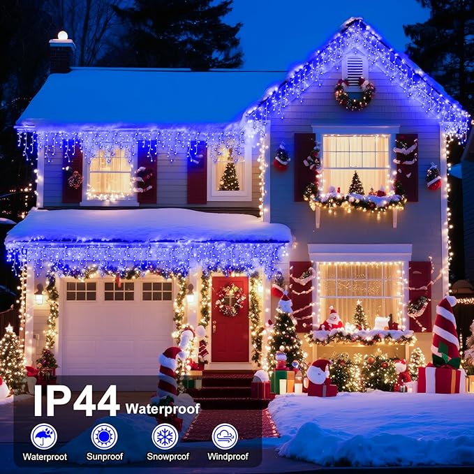 XURISEN 66ft Christmas Lights Decorations Outdoor, 640 LED 8 Modes Curtain Fairy Lights with 120 Drops,Plug in Waterproof Timer Memory Function for Christmas Holiday Wedding Party Decor(Blue)