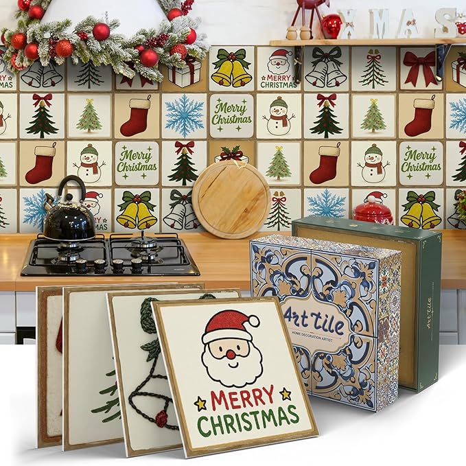 Holiday Decor Christmas Backsplash Stickers, Peel and Stick 12 Tiles, Removable Waterproof for Kitchen Wall, Festive Decoration