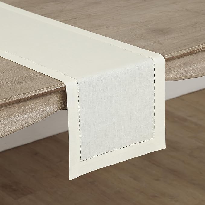 Solino Home Linen Ivory Table Runner 108 Inches Long - 100% Pure Linen 14 x 108 Inch Table Runner for Spring, Easter - Classic Hemstitch