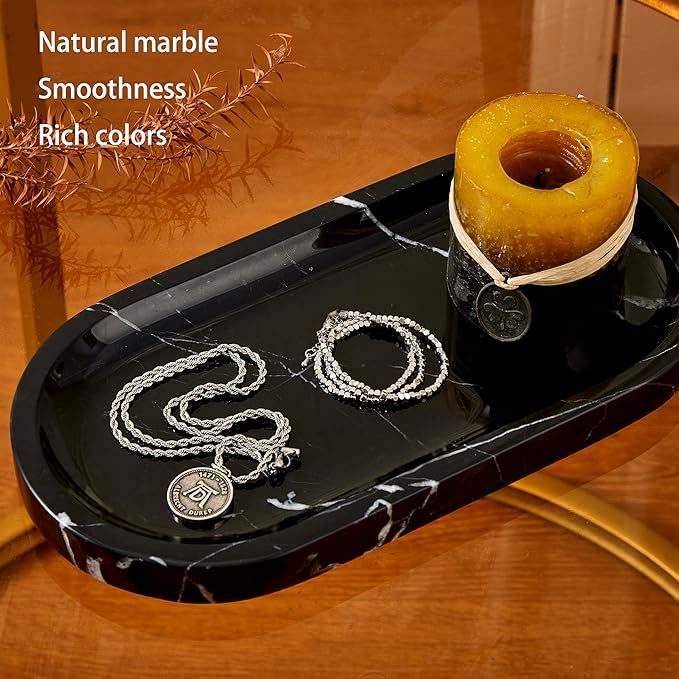 Denique Natural Marble Bathroom Tray, 12"x6" Vanity Tray Black Marble Decorative Tray, Countertop Organizer for Perfume & Candles, Jewelry Dish Ring Holder for Bathroom Counter, Vanity, Dresser