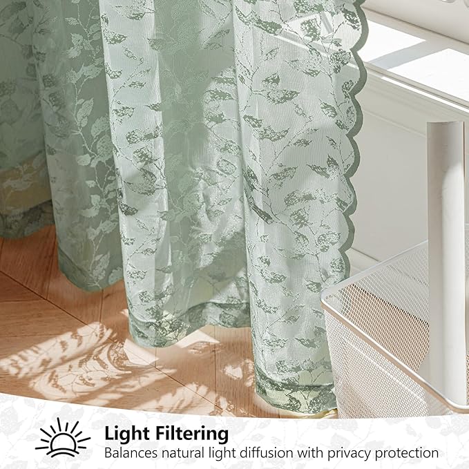 Sage Green Lace Semi-Sheer Curtains – Vintage Leaf Pattern Lace for Bedroom/Bathroom, Light Filtering Rod Pocket Drapes, Privacy Chic Window Treatments, 52W x 72L Inch, 2-Panel Set