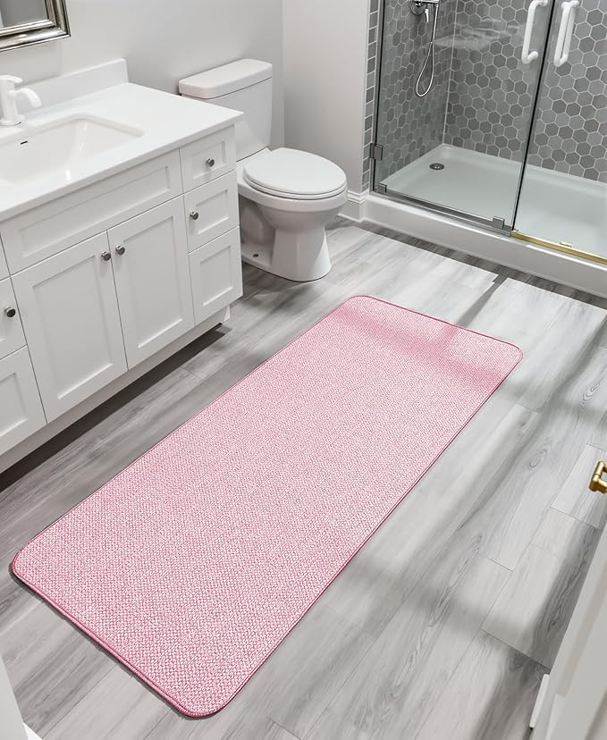 Bath Mat,Ultra Thin Bathroom Runner Rugs,Large Bath Mats for Bathroom,Quick Dry,Non-Slip,Machine Washable,Low Pile,Bath Rug,Shower Outside,Sink,Home Decor Accessories.Pink,1'9"x3'11"（21x47inch）
