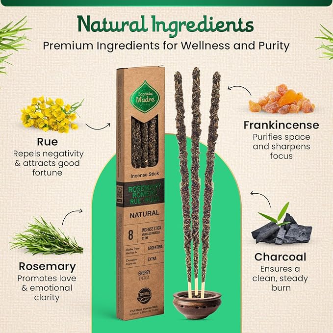 Sagrada Madre Handmade Rue, Rosemary Incense Sticks - 8 Frankincense Incenses (Each 9’’ Long) with Natural Ingredients for Spiritual Cleansing, Protection, & Balance - 1 Hour Burn Time