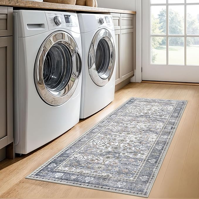 KUTA Vintage Floral Washable Hallway Runner, 2x5 Runners for Hallways Non-Slip Kitchen Rugs Grey Blue Ultra Thin Soft Printed Distressed Oriental Floor Carpet for Laundry Bedroom Living Room Nursery