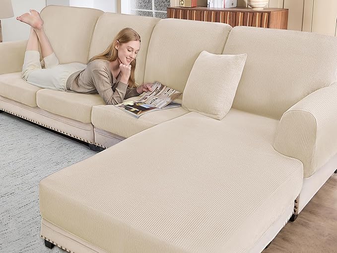 Sectional Couch Covers for Sofa Cushion L Shaped Couch Cover Washable Soft Couch Cushion Covers Stretch Sofa Slipcovers with 2 Pcs Pillowcases(3-Piece 2 Seater + 1 Chaise, Natural)