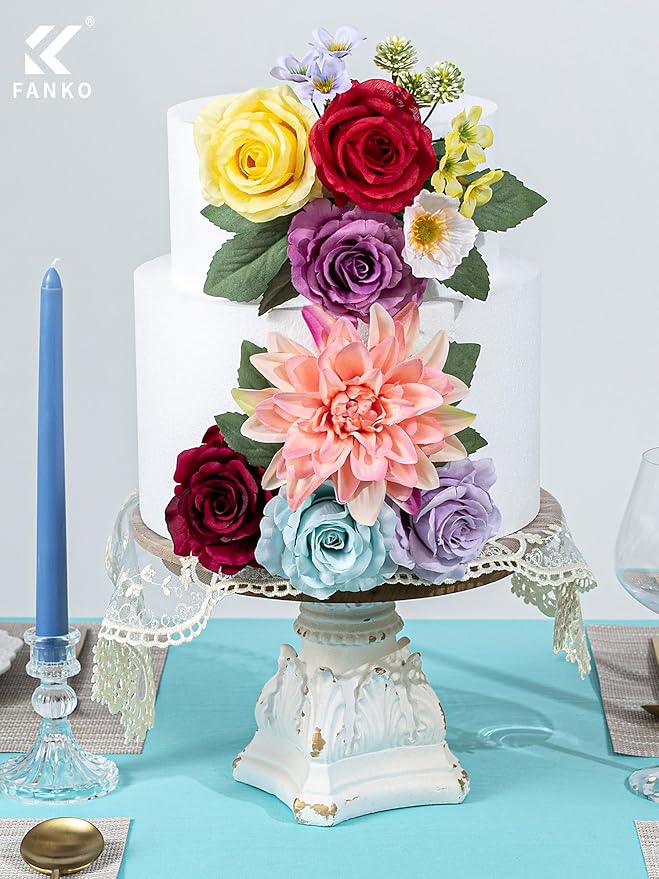 FANKO Artificial Flowers Rainbow Rose, Mixed Combo Fake Silk Flowers Blue & Red Rose Purple Burgundy Roses with Dahlia Assorted Blooms for DIY Wedding Bridal Bouquets/Centerpieces/Home Decor