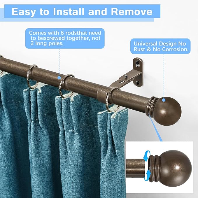 Curtain Rods for Windows 16 to 92 Inches, Curtain Rod Max Adjustable Length of 104 IN, 1" Diameter Drapery Rods Round Finials, Brown, Pack of 2