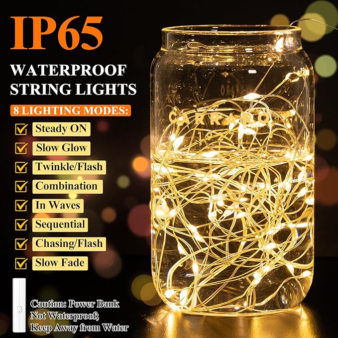Lakumu 132FT(33 * 4) Fairy Lights Battery Operated, Rechargeable String Lights with Timer, LED Twinkle Lights for Bedroom, Christmas Decorations, Wedding, Centerpiece Table Decor Warm White