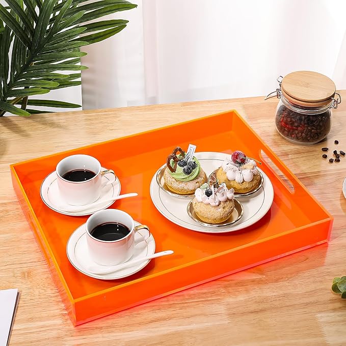 Large Acrylic Tray Ottoman Coffee Table Tray with Handles 17x13'' Decorative Serving Platter for Food Tea Dinner Snack Eating Bar Party, Neon Orange