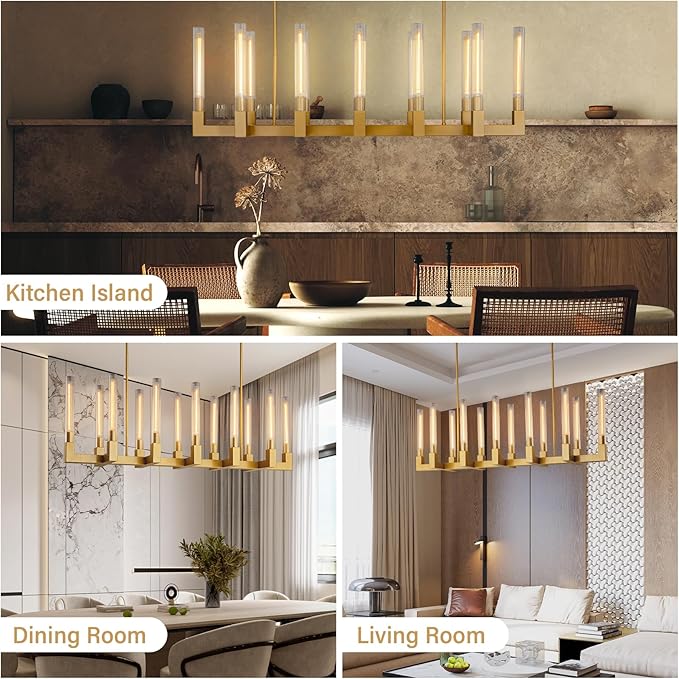 Farmhouse Chandelier with Glass Tube, Gold 12-Lights Modern Chandeliers Over Table 54''Rectangular Luxurious Large Ceiling Pendant Lighting Fixture for Dining Living Room, Foyer