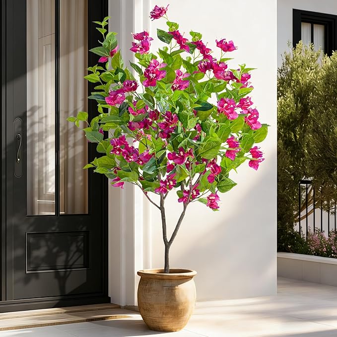 4FT Artificial Bougainvillea Tree Artificial Tree Tall Potted Fake Bougainvillea Trees for Outdoor Indoor Lifelike Potted Faux Plants with Wood Trunk and Flowers Office Wedding Home Decor