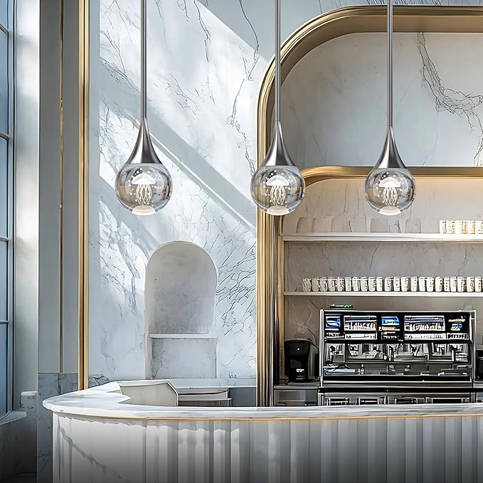 3-Pendant Lights Kitchen Island, Chrome Silver Crystal Globe Ceiling Hanging Light Fxitures, LED Lamp Metal Rod Ceiling Jellyfish Pendant Lighting for Kitchen Dining Room Bar