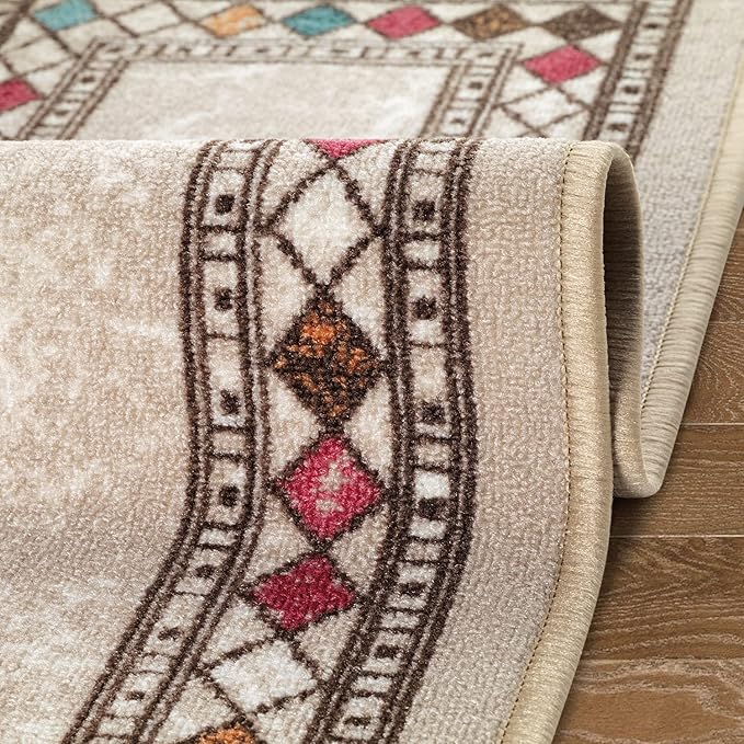 Antep Rugs Alfombras Modern Bordered 2pc Non-Skid (Non-Slip) Low Profile Pile Rubber Backing Indoor Kitchen Runner Rugs (Beige, 2pc Set)